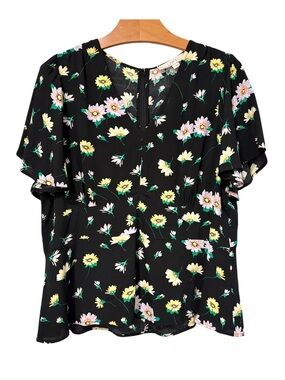 LOFT Floral Peplum Blouse V-neck Short Flutter Sleeves Sz 12